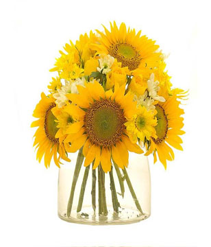 Sunflower, Yellow roses with White and Yellow Daisies in a glass vase 