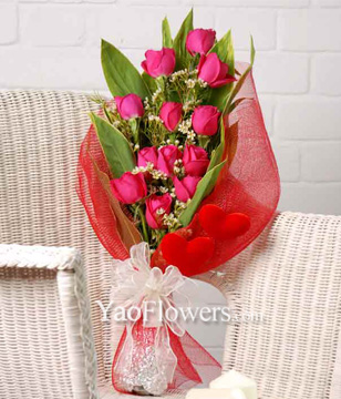12 Red Roses In Red Netting 