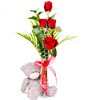 4 Red Roses With Greens And Cute Bear