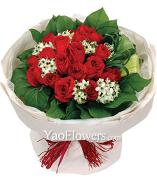 18 Red Rose, Euphorbia Marginata, Iris Leaves