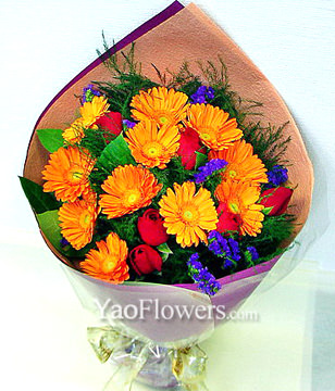 10 Orange Gerbera Daisies, 5 Red Roses