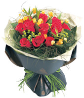 12 Stems Red Rose, Green Hypericum