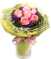 6 Peach Roses With Cordyline Foliage Bouquet 