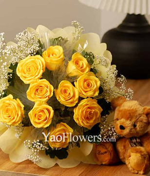 12 Stalks Yellow Roses With Bear 
