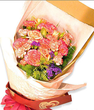 10 double colored carnantions, 6 champagne roses