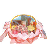 A basket of fruits for the Mid-Autumn Festival, includes red grape, golden pear,apple,one double yolks mooncake, a bottle of whisky an so on. 