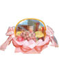 A basket of fruits for the Mid-Autumn Festival, includes red grape, golden pear,apple,one double yolks mooncake, a bottle of whisky an so on. 