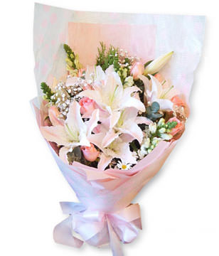 3 lilies, 8 pink roses