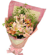 5 pink roses, 4 lilies