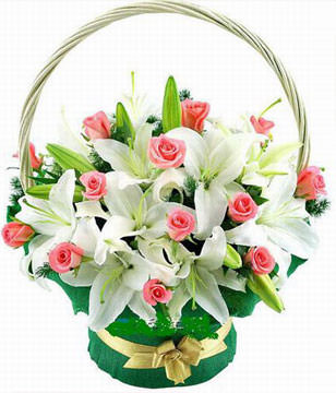 16 pink roses, 5 white lilies