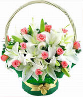 16 pink roses, 5 white lilies