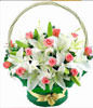 16 pink roses, 5 white lilies