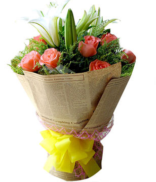 10 pink roses, 3 white lilies