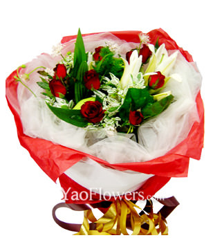 6 Lilium and 9 Red roses