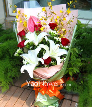 3 Lilium,1 Pink flamgo flowers,6 roses