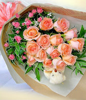 15 Champagne roses and a bear