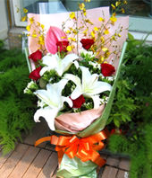3 Lilium,1 Pink flamgo flowers,6 roses