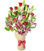 8 oriental lilies, 12 red roses and greens