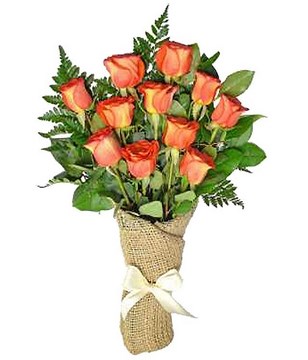 A dozen orange roses arrive perfectly arranged