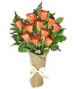 A dozen orange roses arrive perfectly arranged