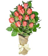 A dozen dark peach (coral) roses arrive perfectly arranged