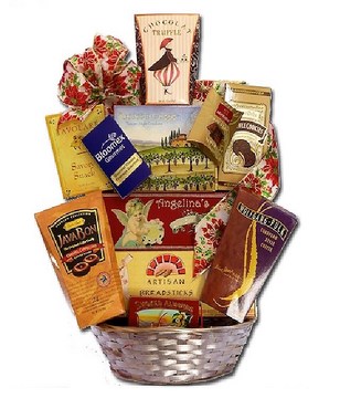 Basket of chocolate, coffee and teas, crackers, etc
