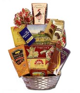 Basket of chocolate, coffee and teas, crackers, etc