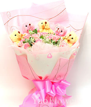 20 Pink roses,5 bears,Lace , snow grass