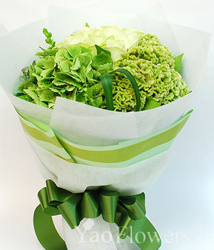 9 White roses , hydrangeas , cockscomb