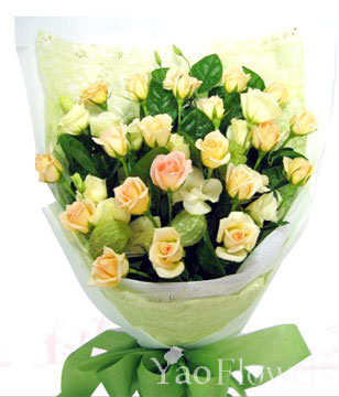 21 premium champagne roses . White bellflower Tang cotton