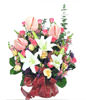 Lily. Flamingo. Rose. Raises blue. Green leaves