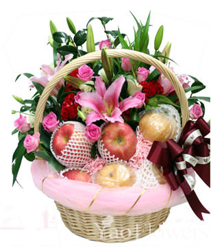 Morningstar lily. Purple Son of Heaven. Cockscomb. Ye Cai. Handbasket. Satin ribbon. Apple