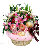 Morningstar lily. Purple Son of Heaven. Cockscomb. Ye Cai. Handbasket. Satin ribbon. Apple
