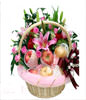 Morningstar lily. Purple Son of Heaven. Cockscomb. Ye Cai. Handbasket. Satin ribbon. Apple