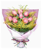 8 pink roses, goldenrod