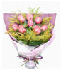 8 pink roses, goldenrod