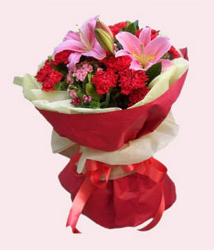 29 red carnations, 2 perfume pink lilies