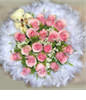 15 pink roses ,prunus ssioris , goldenrods and a cute bear
