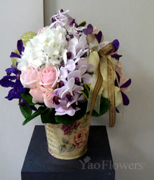 hydrangeas ,12pink roses and vandas