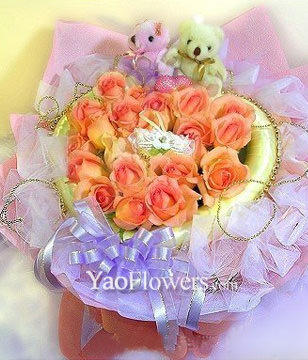 19 Pink roses,a pair of bear