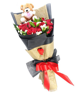 24 Red Roses with small Teddy bear
