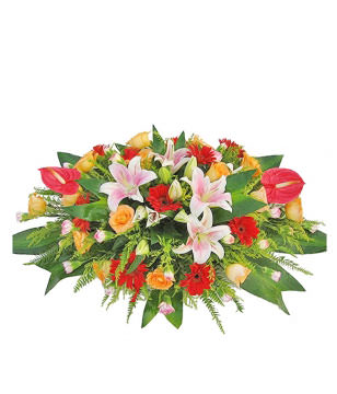 Table Basket -  Anthurium, Pink Lily , red sunflowers , champagne roses , pink long carnations , green leafy