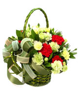 8 Red carnations,18 yellow carnations,green leaves,basket