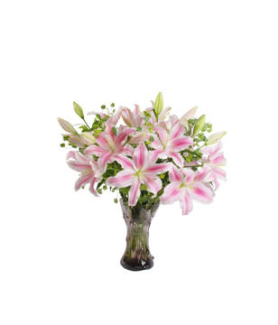6 Pink LIlies,Green Leaves,Vase included 