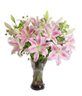 6 Pink LIlies,Green Leaves,Vase included 