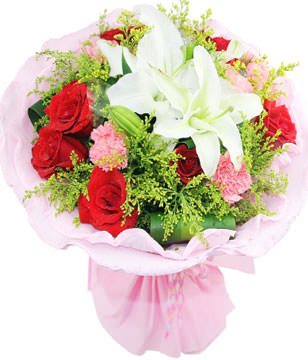 9 Red roses,9 Pink Carnations,1 white lily