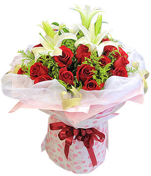 19 red roses, 2 White Lilium