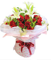 19 red roses, 2 White Lilium