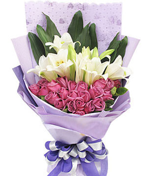 26 purple roses , four Lilium lily , green leafy interleaved