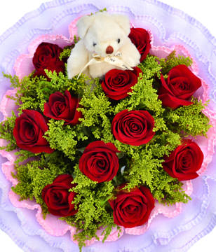 11 red roses, a Bear